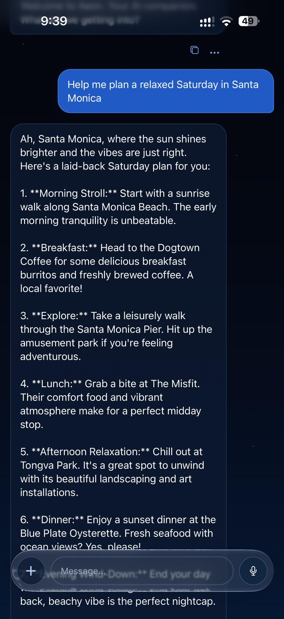 AeonAI Chat helping plan a relaxed Saturday in Santa Monica.