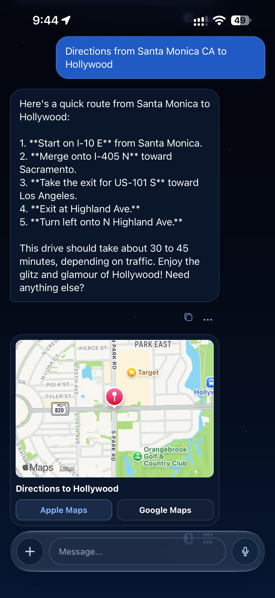 AeonAI Chat showing a directions response and an embedded map with Apple Maps and Google Maps links.