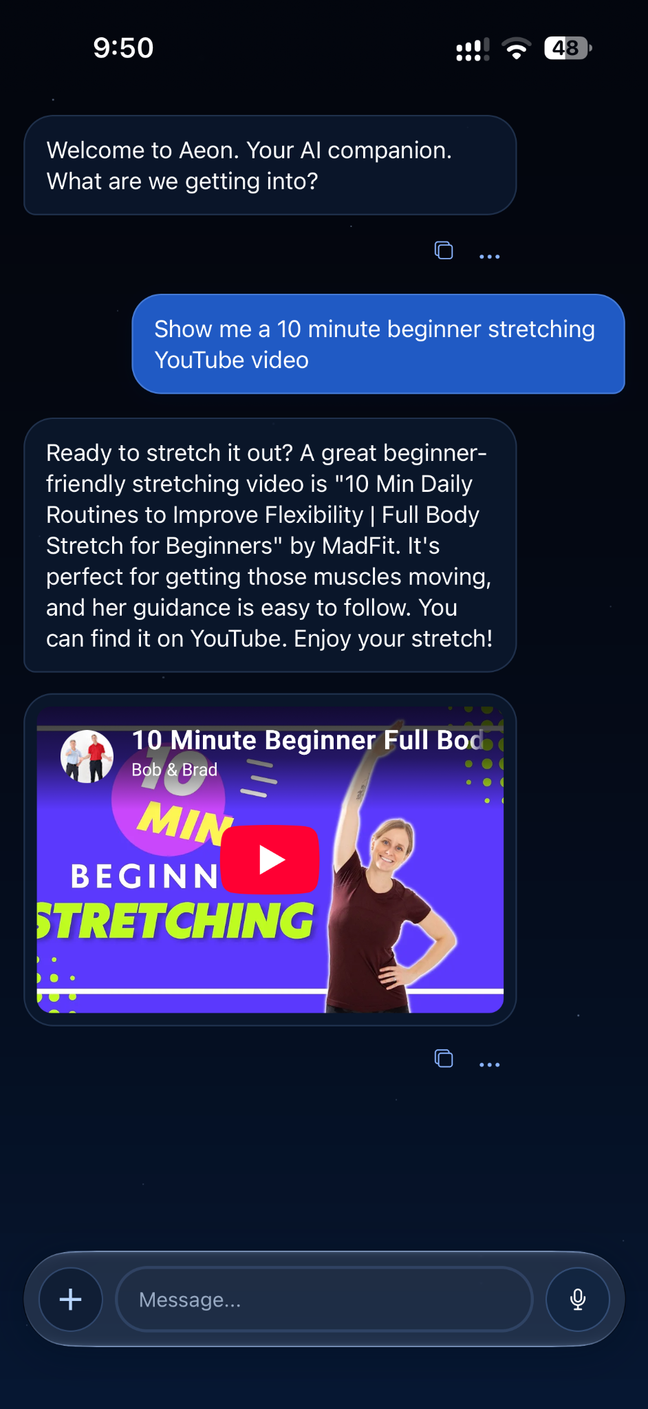 AeonAI Chat showing a supported YouTube preview for a beginner stretching video.