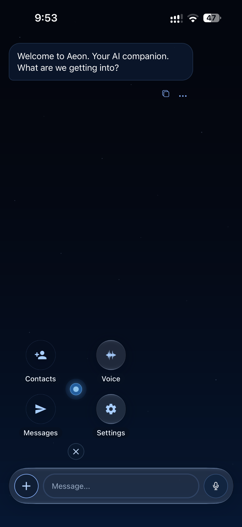 AeonAI Chat on iPhone with the real Contacts, Voice, Messages, and Settings launcher.